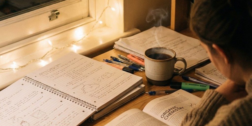 study skills, studying at night, student productivity, learning habits, study routine, academic focus, student desk, handwritten notes, exam preparation, self study, cozy study, education lifestyle, focused learning, study environment, realistic studying, warm lighting, ai generated